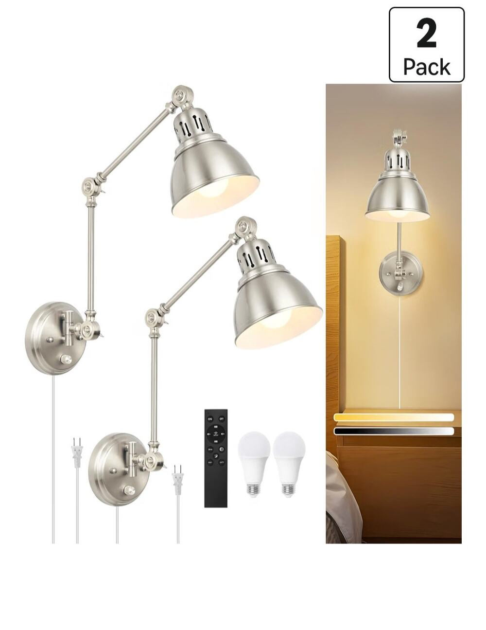 GOODATE 2 Pack Plug-In Wall Sconces Brushed Nickel Remote Dimmable LED